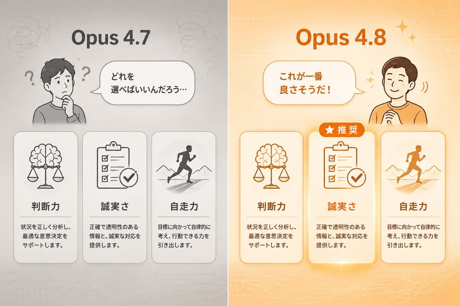 Opus 4.7 と 4.8 の比較イメージ。4.7 は選択肢を 3 つ並べているだけ、4.8 は同じ選択肢を並べた上で 1 つを優先候補としてマーキングしている図